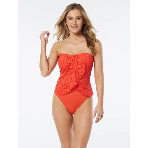 Vince Camuto Draped Bandeau Bikini Top Womens Size XS Tangerine Geo Crochet Swim - Picture 1 of 8